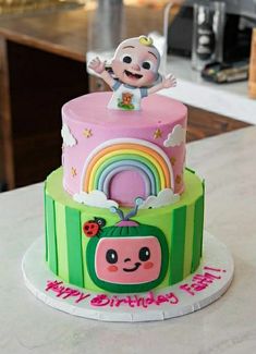 a birthday cake with a cartoon character on top