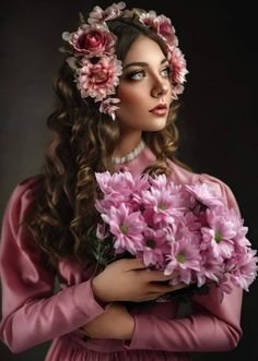 a woman with flowers in her hair and pink dress holding purple flowers on her head