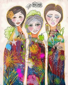 three women in colorful dresses with flowers on them