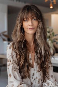 Long hair with wispy bangs that softly frame the face, adding a modern touch. Bangs For Long Hair