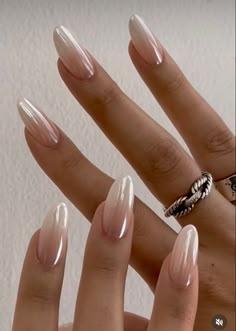 #NailInspiration #NailFashion #InstaNails #NailGoals #NailArtLove #ManiMonday Pink White Pearl Ombre Nails, Ombre Champagne Nails, French Ombre Pearl Nails, Nail Inspo Almond Ombre, Pearl Ombre Nails Almond, Pink White Ombre Chrome Nails, Baby Pink Nails Ombre, Milky Ombre French Nails, Ombré Chrome Almond Nails