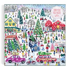 a colorful christmas scene with people and cars in the snow, trees, and buildings