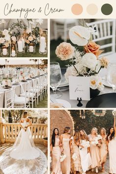 a collage of photos with flowers, candles and bridesmaid's dresses