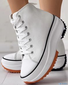 OrcaJump - Lace-up Flatform Sneakers with Eyelet Detailing Flatform Sneakers, School Shopping, Round Toe Heels, Eyelet Lace, Sneaker Heels, Canvas Sneakers, Sneakers White, Free Giveaway, Low Heels