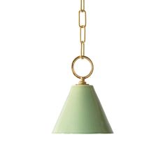 a green light hanging from a brass chain