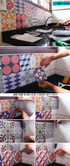 the process of painting tiles in different colors and patterns is being performed on the counter top