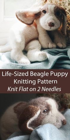 two pictures of stuffed animals on a bed with the caption life - sized beagle puppy knitting pattern knit flat on 2 needles