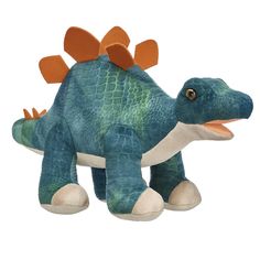 a stuffed toy dinosaur with an orange head and tail