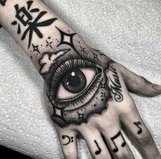 a person's hand with an all seeing eye tattooed on the left hand and music notes around it