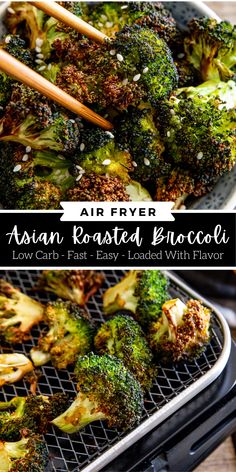 an air fryer filled with cooked broccoli