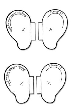 the paper cut out of an ear is shown in three different positions, with words on each