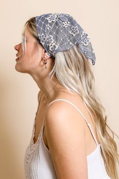 Bohemian floral lace head scarf Lace Head Scarf, Lace Headscarf, Triangle Head, Embroidered Scarf, Flower Scarf, Bandana Hairstyles, Boho Accessories, Lace Hair, Blue Peach