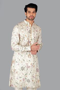 Beige kurta with kantha embroidered floral blossom vine motifs. Comes with pant. - Aza Fashions Beige Kurta, Cocktail Reception, Kurta With Pants, Pants Pattern, Embroidered Silk, Mandarin Collar, Aza Fashion, Mens Pants, Types Of Sleeves