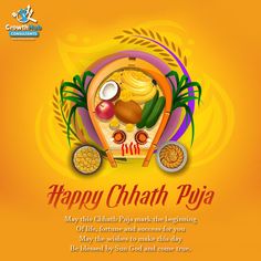 happy chhath puja greeting card with colorful background and text on yellow background