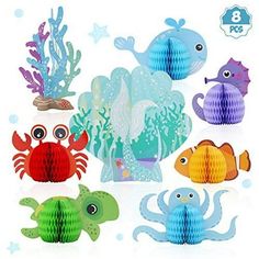 colorful sea animals and fish are featured in this set of cutouts for paper crafts