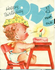 an old birthday card features a baby sitting at a table with a lit candle on it