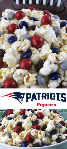 a bowl full of patriotic popcorn with red, white and blue sprinkles