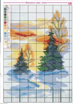 a cross stitch pattern with two trees in the water and an orange sky behind it