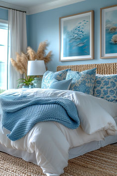 costal bedroom, ocean-themed bedroom, beach house bedroom, beachy interiors Ocean Inspired Bedroom, Costal Bedroom, Bedroom Decor Cozy, Coastal Bedroom, Bedroom Refresh, Blue Rooms, Blue Bedroom, Master Bedrooms Decor, Room Inspiration Bedroom