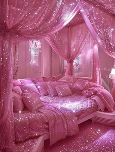 a pink bedroom with stars all over the walls and ceiling, as if it were in a fairy tale