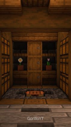 an empty room with wooden doors and tile flooring in minecraft, showing the entrance to another room