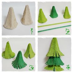 instructions to make felt christmas trees with green paper and white construction material for the top