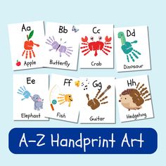 four different kinds of handprints with the words a - z and an animal