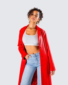 Comin’ in hot with the coat that’ll draw all the attention 🔥 Raise temperatures of any room you walk into wearing this red coat - made from vegan leather with a vintage washed effect and complete with a button closure, an adjustable belt, and welt pockets 🥵 Black Corset Top, Red Fur, Black Corset, Fur Hat, Red Coat, Cargo Pant, A Button, Adjustable Belt, In Hot