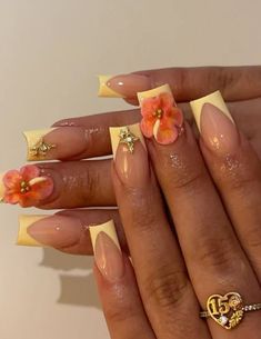 Yellow French Tip Nails, Nails With 3d Flowers, Yellow French Tip, Yellow French, Hard Nails, Girly Acrylic Nails, French Tip Acrylic Nails, Dope Nail Designs, Classy Acrylic Nails