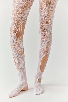 Forever femme in a textured lace design, these head-turning tights feature defined tear detailing throughout for a true lived-in, effortlessly edgy look. | On The Edge Lace Tights by High Heel Jungle at Free People in White Spring Fitted Tights With Lace Trim, Spring Lace Tight Legwear, Spring Fitted Lace Hosiery, Spring Lace Fitted Tights, Fishnet Lace Legwear, Fitted Lace Fishnet Legwear, Lace High Heels, Black And White Heels, White High Heels