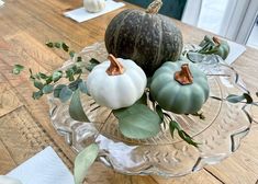 some white and green pumpkins on a glass plate