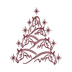 three horses in a christmas tree with stars on the top and one horse standing up