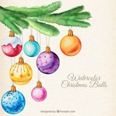 a watercolor christmas card with ornaments hanging from a tree branch and the words, e holbun togon