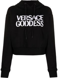 black cotton flocked logo drawstring hood long sleeves ribbed cuffs ribbed hem Versace Goddess, Goddess Logo, Versace Clothes, Versace Hoodie, Versace Sweater, Haute Mess, Versace Sweatshirt, Haikou, Versace Couture