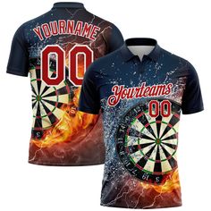 Custom Black Red-White 3D Pattern Design Flame Dart Board Performance Golf Polo Shirt Moisture-wicking Polo Shirt For Team Events, Moisture-wicking Polo Shirt For Sports Season, Team-colored Polo Shirt For Sports Season, Team Spirit Polo Shirt For Sports Season, Sublimation Print Polo Shirt For Sports Events, Fitted Polo Shirt With Sublimation Print For Sports Events, Team Polo Shirt For Sports Season And Team Events, Team Name Polo Shirt For Sports Events, Team Name Polo Shirt For Sports Season Events