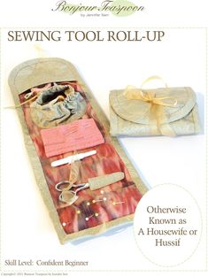 the sewing tool roll - up is shown with scissors and other items in it's pouch