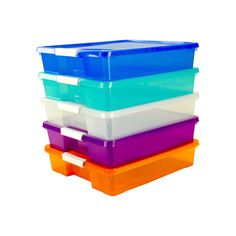 four plastic storage containers stacked on top of each other