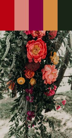 the color palette is red, orange, and pink with green leaves on it's branches