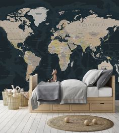 a bedroom with a large world map on the wall