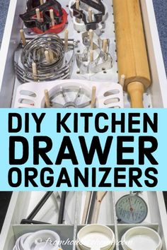 an organized kitchen drawer with utensils in it and the words diy kitchen drawer organizers