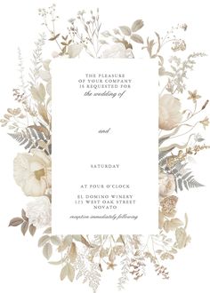 an elegant wedding card with flowers and leaves on the front, in neutral tones is shown