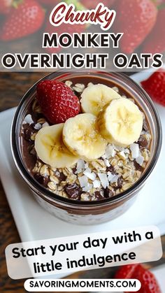 a bowl of oatmeal with bananas and strawberries on top is shown