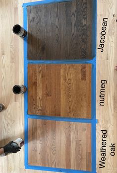 three different types of wood flooring being installed on a wooden floor with blue tape