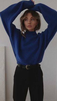 Red And Dark Blue Outfit, Royal Blue Winter Outfit, Cobalt Blue Jumper Outfit, Cobalt Top Outfit, Autumn Blue Outfit, Electric Blue Jumper Outfit, Cobalt Blue Top Outfit, Cobalt Sweater Outfit, Fitted Blue Knit Sweater