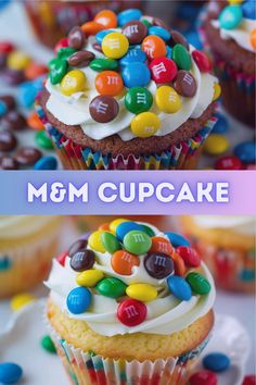 a cupcake with m & m candies on top and the words mom cupcake above it