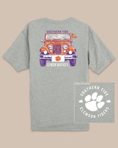 The back view of the Clemson Tigers Heather Front Plate T-Shirt by Southern Tide - Heather Grey Clemson Shirts, Front Plate, Clemson University, Coastal Lifestyle, Southern Tide, Clemson Tigers, Plate Design, Comfort Style, Be Bold