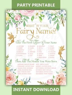 a fairy baby shower game with pink flowers and gold foil on the front, which reads what is your fairy name? take the first step of your name