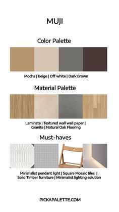 the different colors and shapes of wood flooring in an advertisement for muji's color palette