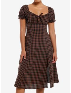 Thorn & Fable Brown & Black Checkered Empire Waist Midi Dress | Hot Topic Black And Brown Checkered Dress, Christmas Dress Casual, Brown Gingham Dress, Black Dress With Brown Boots, Casual Winter Dresses, Flower Dresses Casual, Black Summer Dresses, Cottage Dresses, Fall Dresses Casual