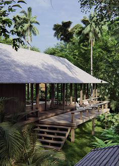 an artist's rendering of a house in the woods with wooden steps leading up to it